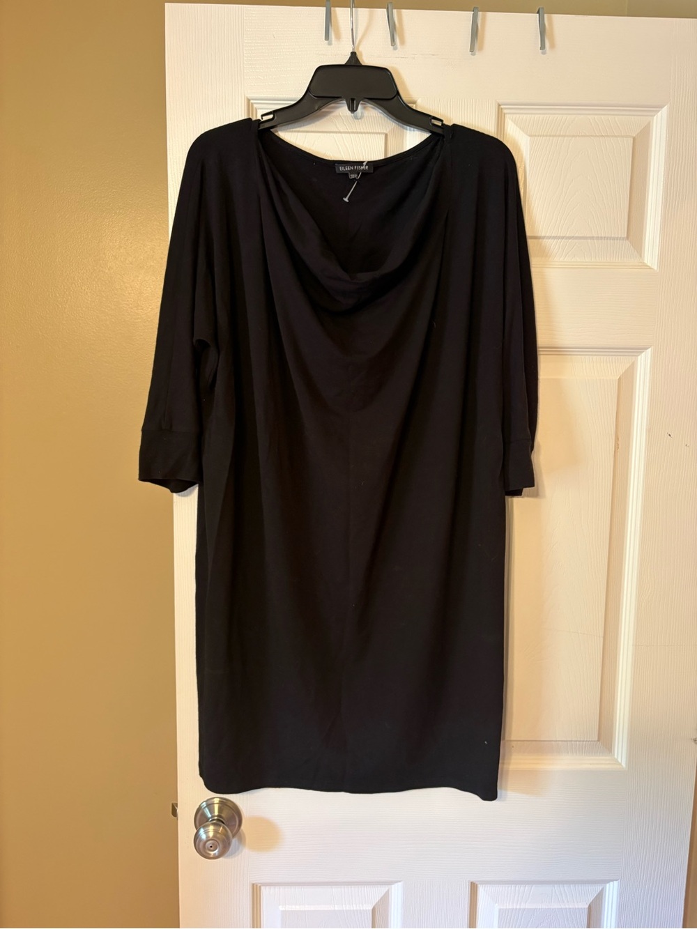 Eileen Fisher Black Tunic Dress Cowl Neck 3/4 Sleeve Minimalist Loose Fit